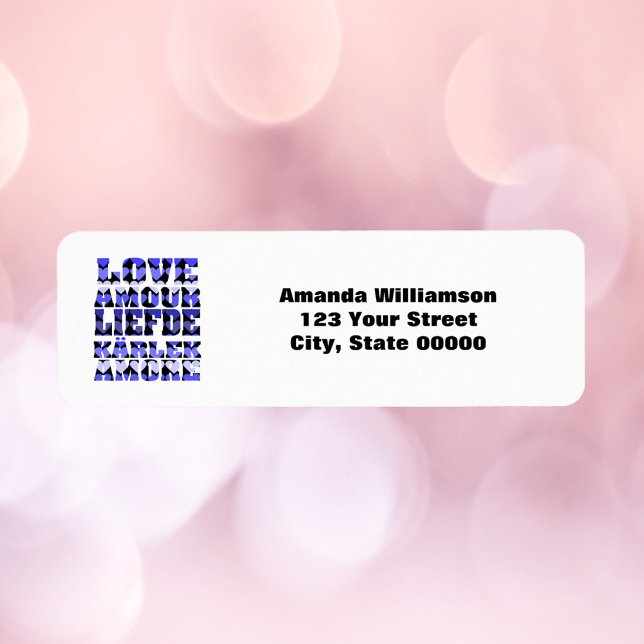 Love Languages Blue Personalize Return  Address (A return address label that says love with blue hearts along with text you can personalize!)