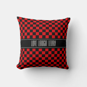 Love Laugh Learn on Black & Red Chequered Throw Pillow