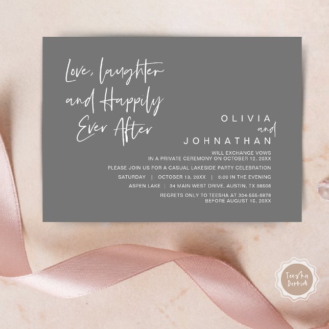 Love, Laughter and Happily ever after, Elopement I Invitation (Love, Laughter and Happily Ever After, Wedding Elopement Dinner Invitation Card, in Dark Grey)
