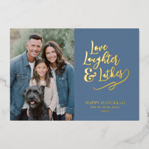 Love Laughter Latkes Hanukkah Photo Foil Holiday Card