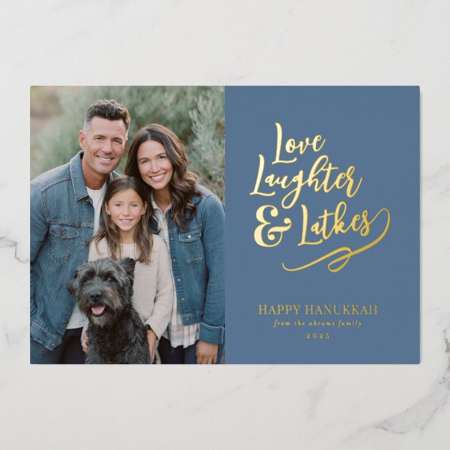 Love Laughter Latkes Hanukkah Photo Foil Holiday Card (Front)