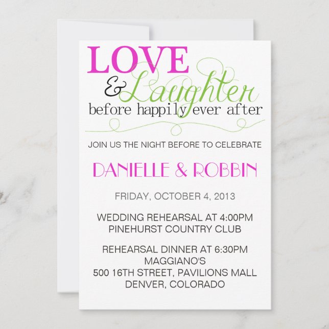 Love & Laughter Rehearsal Invitation (Front)