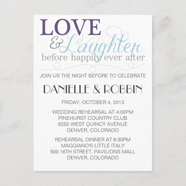 Love & Laughter Rehearsal Invitation Postcard (Front)