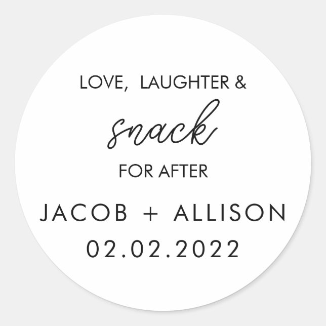 Love Laughter & snack  elegant wedding favour Classic Round Sticker (Front)
