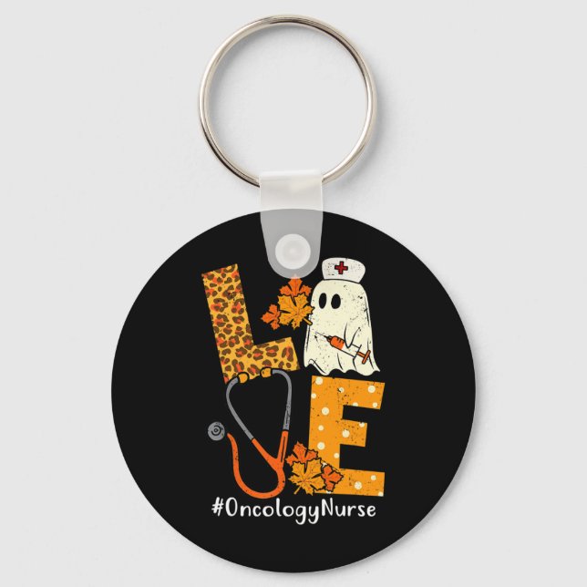 LOVE Leopard Ghost Oncology Nurse Halloween Costum Keychain (Front)