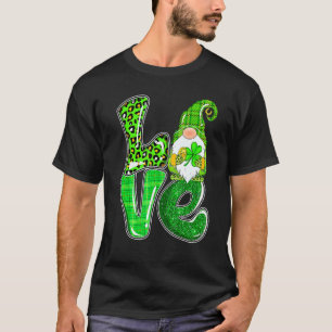 Love Leopard St Pattys Day Gnomes Holding Shamrock T-Shirt