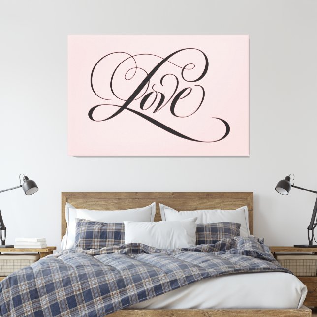 LOVE Lettering Calligraphy Blush Pink and Black Canvas Print (Insitu(Bedroom))