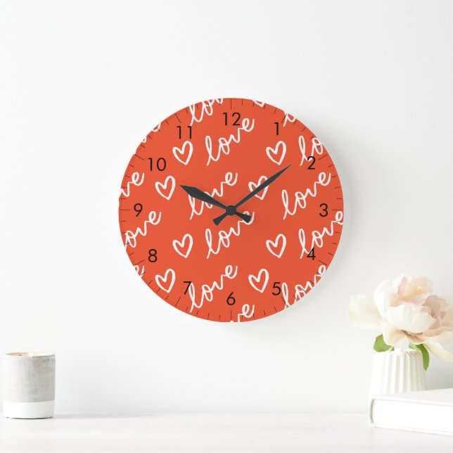 Love Lettering & Heart Doodles - Red Large Clock (Home)