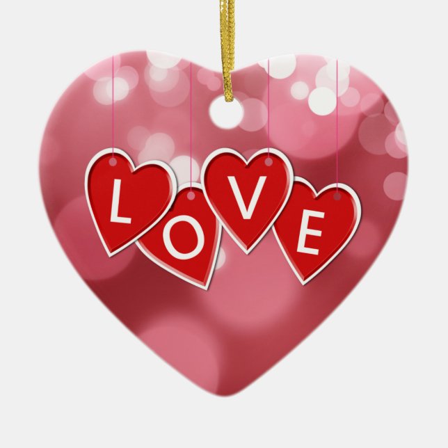 Love Lettering Red Hearts Ceramic Ornament (Front)