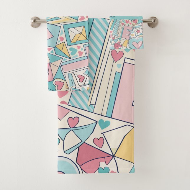 Love Letters Pastel Custom Pattern Bath Towel Set (Insitu)
