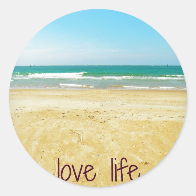 Love Life Quote with Beach Scene Classic Round Sticker (Front)