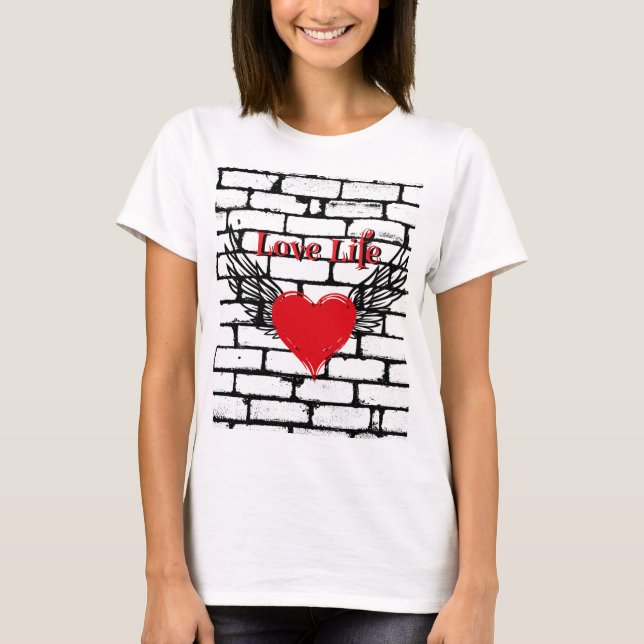 Love Life with red hearts and angel wings T-Shirt (Front)