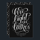 Love Light and Latkes on Black Hanukkah Holiday Card<br><div class="desc">This festive flat Hanukkah card features a black and white colour scheme along with the hand lettered phrase "love light and latkes" written in script. The back of the card has a coordinating pattern but can also be used to add a photo or personal message.</div>