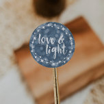 Love & Light Bokeh Hanukkah Classic Round Sticker<br><div class="desc">Happy Hanukkah! Add the perfect finishing touch to your envelopes or gifts with these festive stickers. Design features a blue bokeh background, starry white frame, and "Love & Light" in white brushstroke text.</div>