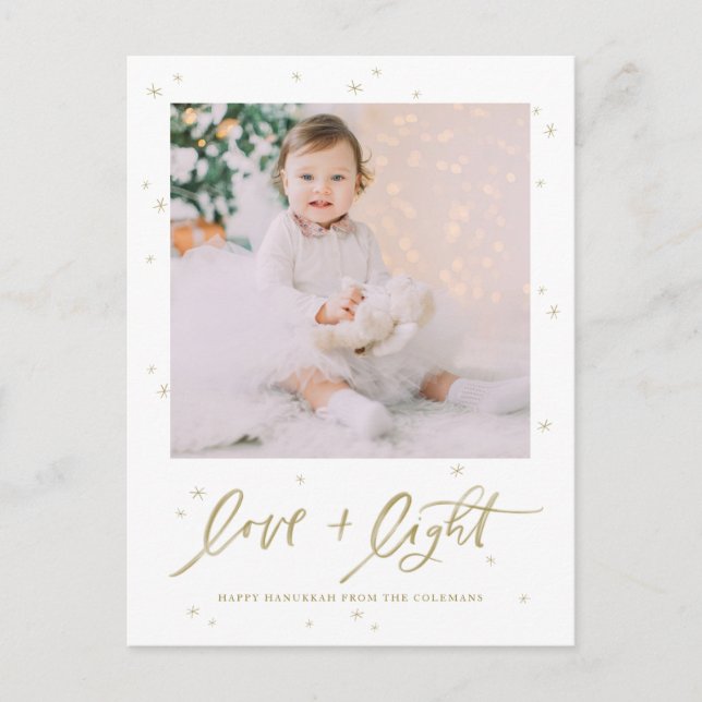 Love & Light Brush Lettering Gold Happy Hanukkah Holiday Postcard (Front)
