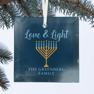 Love & Light Custom Blue Gold Hanukkah Menorah Glass Ornament