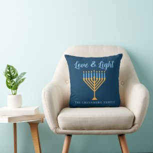 Love & Light Custom Blue Gold Hanukkah Menorah Throw Pillow