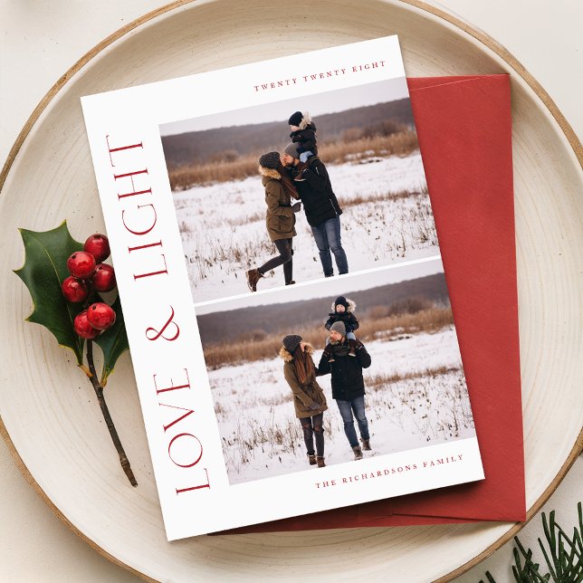 Love & Light Elegant Red 6 Photo Collage Christmas Holiday Card (Creator Uploaded)