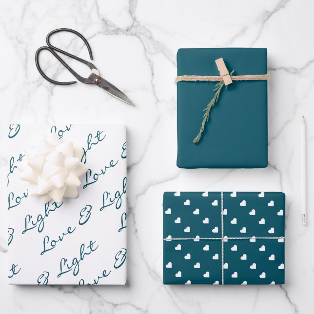 Love & Light Heart Pattern Christmas Holiday Wrapping Paper Sheet (Front)