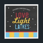 Love Light Latkes Black Hanukkah Funny Quote Napkin<br><div class="desc">Love Light Latkes Black Hanukkah Funny Quote Paper napkins will brighten up your family Hanukkah Party! This colourful, humourous saying really stands out on the black starry-night background. Sure to make friends & Family smile. Includes space for your name or message. If you would like to see a variation of...</div>