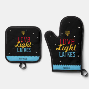 Love Light Latkes Black Hanukkah Funny Quote Oven Mitt & Pot Holder Set