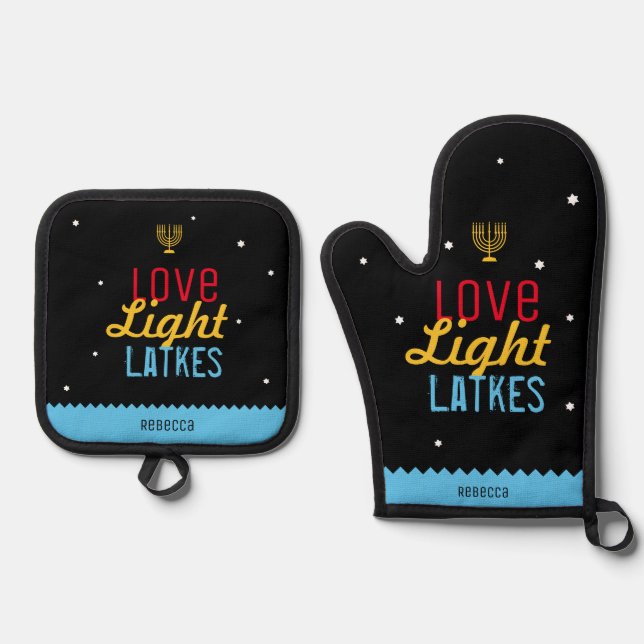 Love Light Latkes Black Hanukkah Funny Quote Oven Mitt & Pot Holder Set (Front)