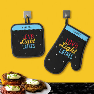 Love Light Latkes Black Hanukkah Funny Quote Oven Mitt & Pot Holder Set