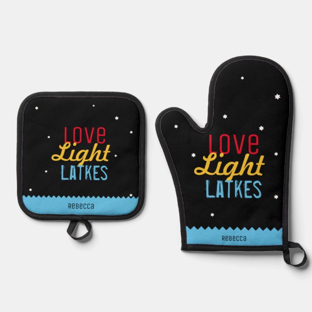 Love Light Latkes Black Hanukkah Funny Quote Oven Mitt & Pot Holder Set (Front)