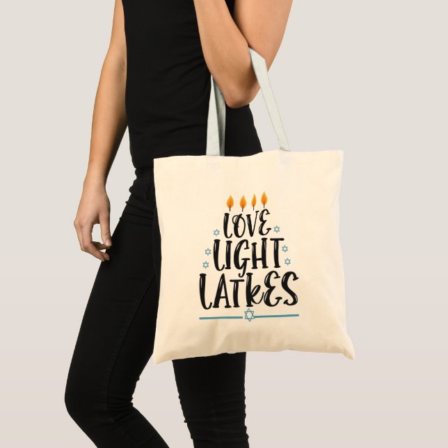 Love Light Latkes Funny Hanukkah Jewish Holiday Tote Bag (Front (Product))
