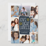 Love, Light & Latkes | Hanukkah Photo Collage Holiday Card<br><div class="desc">Fun and festive Hanukkah photo card features eight photos arranged in a collage layout. "Love,  light,  latkes" appears in the centre in white lettering on a dark blue background accented with stars. Personalize with your names and the year.</div>