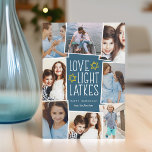 Love, Light & Latkes | Hanukkah Photo Collage Holiday Card<br><div class="desc">Fun and festive Hanukkah photo card features eight photos arranged in a collage layout. "Love,  light,  latkes" appears in the centre in white lettering on a dark blue background accented with stars. Personalize with your names and the year.</div>