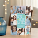Love, Light & Latkes | Hanukkah Photo Collage Holiday Card<br><div class="desc">Fun and festive Hanukkah photo card features eight photos arranged in a collage layout. "Love,  light,  latkes" appears in the centre in white lettering on a bright turquoise blue background accented with stars. Personalize with your names and the year.</div>