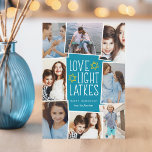 Love, Light & Latkes | Hanukkah Photo Collage Holiday Card<br><div class="desc">Fun and festive Hanukkah photo card features eight photos arranged in a collage layout. "Love,  light,  latkes" appears in the centre in white lettering on a blue background accented with stars. Personalize with your names and the year.</div>