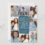 Love, Light & Latkes | Hanukkah Photo Collage Holiday Card<br><div class="desc">Fun and festive Hanukkah photo card features eight photos arranged in a collage layout. "Love,  light,  latkes" appears in the centre in white lettering on a dark blue background accented with stars. Personalize with your names and the year.</div>