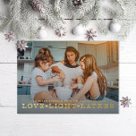 Love Light Latkes Hanukkah Photo Foil Holiday Card<br><div class="desc">Love Light Latkes in retro serif type over full bleed photo; also available in flat ink</div>