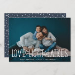 Love, Light & Latkes | Hanukkah Photo Holiday Card<br><div class="desc">Cute and lighthearted Hanukkah photo card features your favourite horizontal or landscape oriented photo with "love,  light,  latkes" overlaid in white lettering accented with stars of David. Personalize with your Hanukkah greeting,  names and the year beneath. Cards reverse to a pattern of snow and stars.</div>