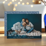 Love, Light & Latkes | Hanukkah Photo Holiday Card<br><div class="desc">Cute and lighthearted Hanukkah photo card features your favourite horizontal or landscape oriented photo with "love,  light,  latkes" overlaid in white lettering accented with stars of David. Personalize with your Hanukkah greeting,  names and the year beneath. Cards reverse to a pattern of snow and stars.</div>