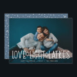 Love, Light & Latkes | Hanukkah Photo Holiday Card<br><div class="desc">Cute and lighthearted Hanukkah photo card features your favourite horizontal or landscape oriented photo with "love,  light,  latkes" overlaid in white lettering accented with stars of David. Personalize with your Hanukkah greeting,  names and the year beneath. Cards reverse to a pattern of snow and stars.</div>