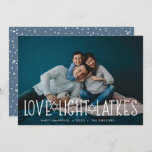 Love, Light & Latkes | Hanukkah Photo Holiday Card<br><div class="desc">Cute and lighthearted Hanukkah photo card features your favourite horizontal or landscape oriented photo with "love,  light,  latkes" overlaid in white lettering accented with stars of David. Personalize with your Hanukkah greeting,  names and the year beneath. Cards reverse to a pattern of snow and stars.</div>