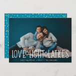 Love, Light & Latkes | Hanukkah Photo Holiday Card<br><div class="desc">Cute and lighthearted Hanukkah photo card features your favourite horizontal or landscape oriented photo with "love,  light,  latkes" overlaid in white lettering accented with stars of David. Personalize with your Hanukkah greeting,  names and the year beneath. Cards reverse to a pattern of snow and stars.</div>