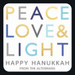 Love & Light Typography Hanukkah Holiday Gold Blue Square Sticker<br><div class="desc">Festive Hanukkah Holiday square sticker featuring a typography design of Hanukkah popular greetings in classic shades of Hanukkah colours of blue, grey and gold. Personalize with your custom text. This is a part of a holiday collection “LOVE & LIGHT TYPOGRAPHY”. Complimenting items are available. BACKGROUND COLOR can be changed with...</div>