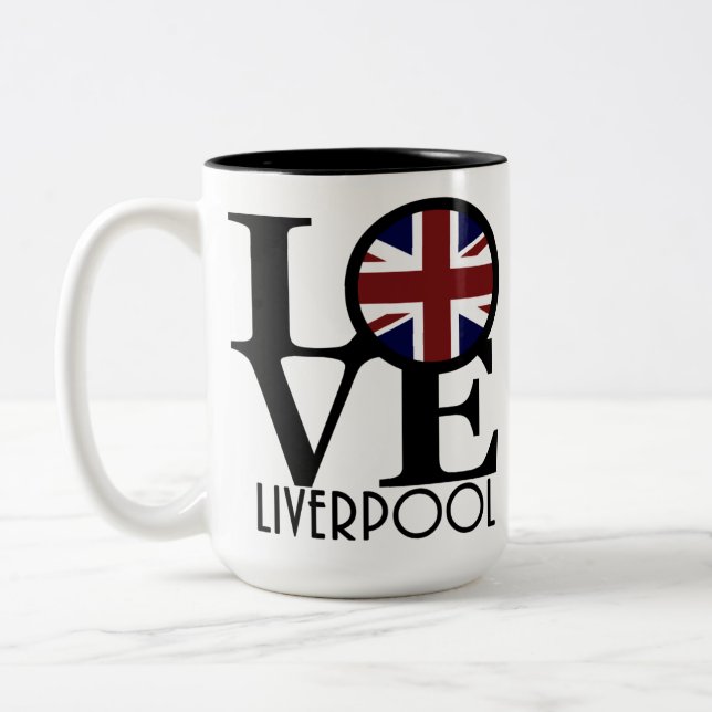 LOVE Liverpool England (UK Flag) 15oz Two-Tone Coffee Mug (Left)