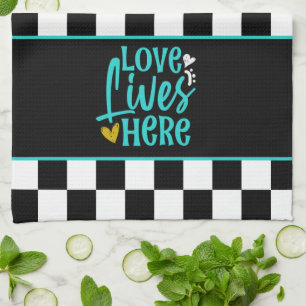 Love Lives Here Black and White Chequered Kitchen Towel