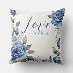 Love lives here - blue roses throw pillow