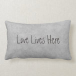 Love Lives Here Couples Personalized Lumbar Pillow<br><div class="desc">This custom throw pillow is designed with couples in mind and makes a wonderful gift for weddings, anniversaries, Valentine's Day or for every day occasions. Shown here in a subtle grey grunge colour, the front of the pillow contains a modern casual text font with the words "Love Lives Here". The...</div>