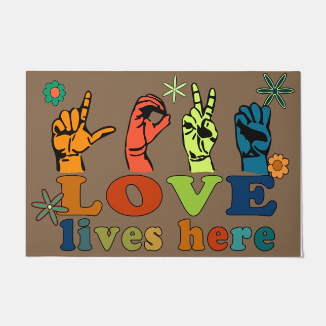  Love Lives Here Doormat, Colourful Welcome Doormat (Front)