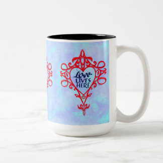 Love Lives Here, hand drawn affirmation Two-Tone Coffee Mug