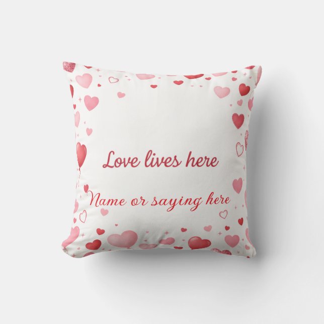 Love lives here Pink and Red hearts - Personalized Throw Pillow (Front)