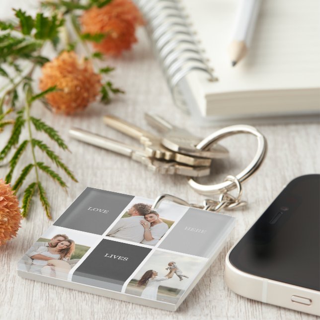 Love Lives Here | Three Photo Family Gift Keychain (Front Right)
