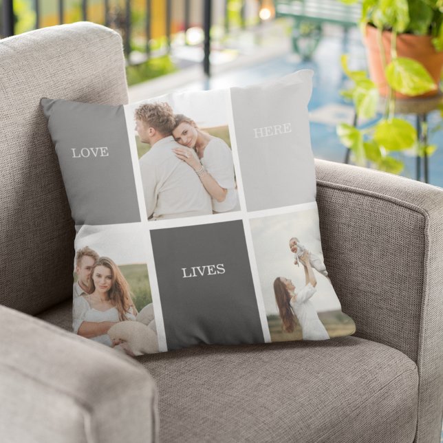 Love Lives Here | Three Photo Family Gift Outdoor Pillow (Creator Uploaded)